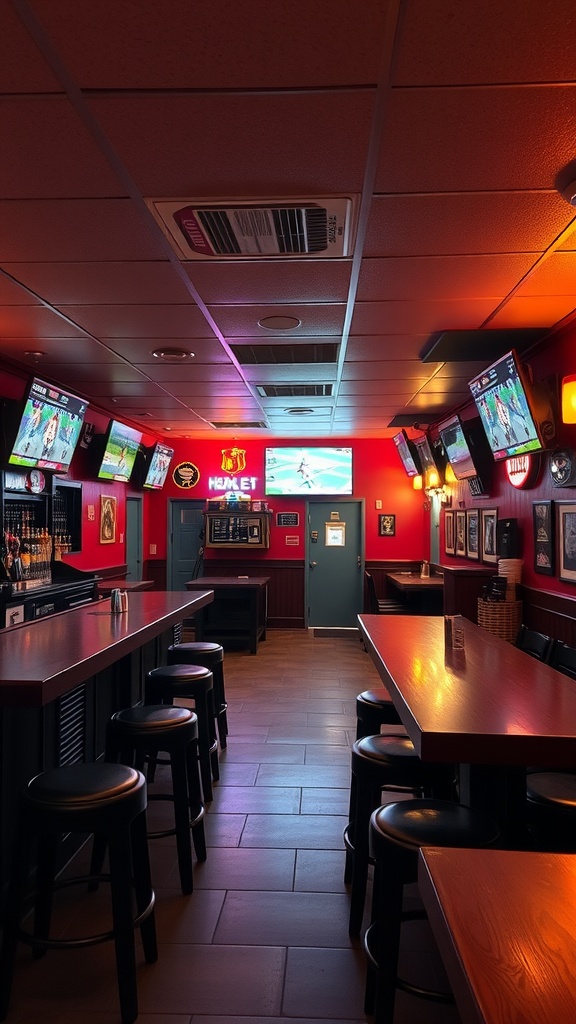Interior of a basement sports bar with multiple screens and seating