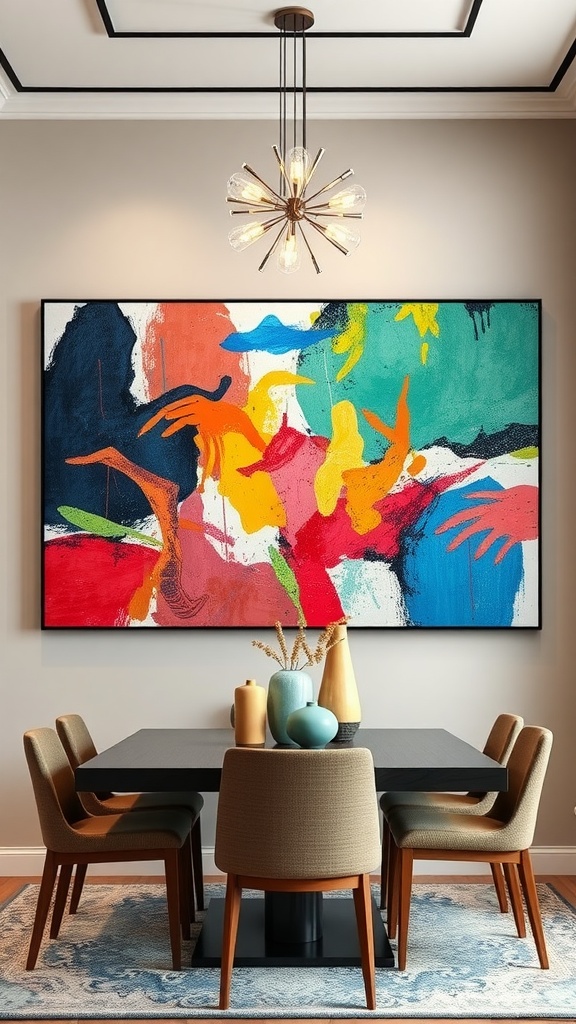 A vibrant abstract art piece displayed above a dining table in a stylish dining room.