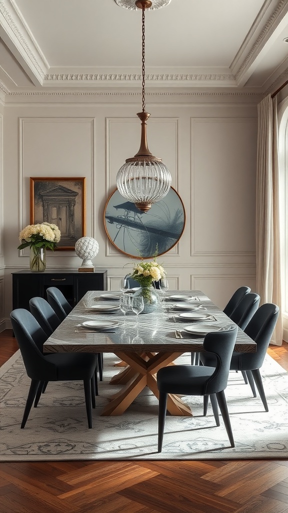A formal dining room featuring a modern table, stylish chairs, and an elegant chandelier.