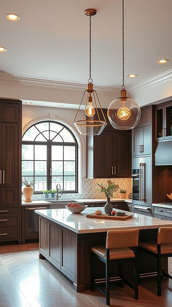 A kitchen with statement lighting fixtures hanging above an island, showcasing wood cabinetry and a bright atmosphere.