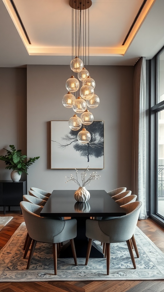 Modern dining room with globe-shaped lighting fixtures hanging from the ceiling.