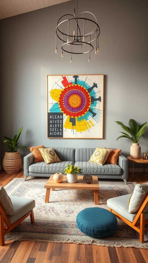 A modern living room with a colorful statement wall art piece featuring a circular design, complemented by cozy furniture and plants.