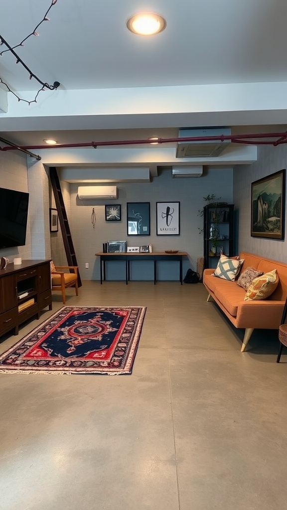 A stylish area rug on a concrete floor in a modern basement living space.