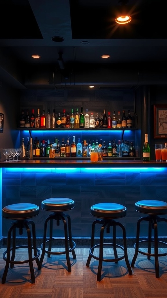 A stylish home bar setup with glowing lights and a variety of spirits on the shelves.