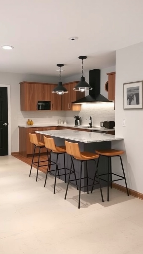 Stylish basement kitchenette bar area with wooden cabinetry, marble countertop, and bar stools.