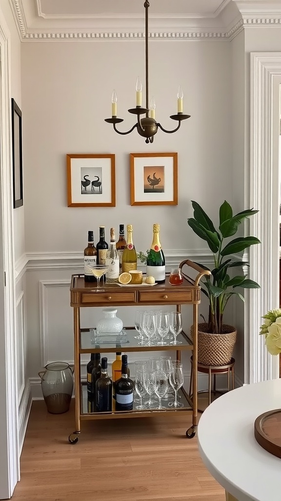 A stylish bar cart set up in a dining area, displaying various drinks and glasses with a plant and artwork in the background.