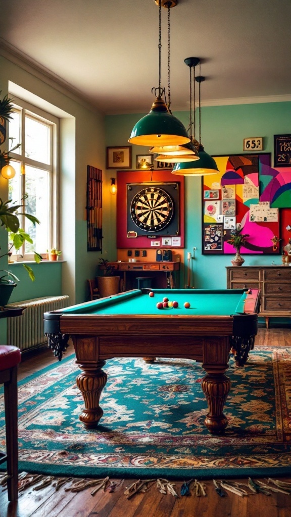 Stylish game room featuring a pool table and dartboard in a colorful setting