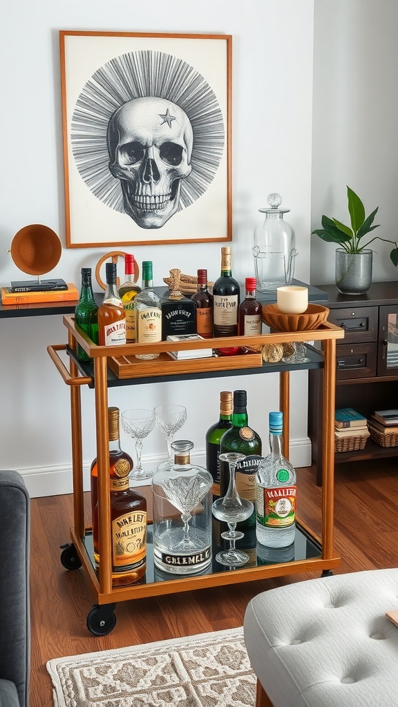 A stylish wooden bar cart with various liquor bottles, elegant glasses, and a skull artwork in the background.