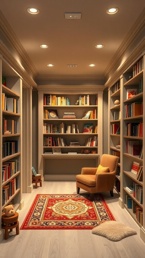 Cozy home library nook with bookshelves, a comfortable chair, and warm lighting in a walkout basement.