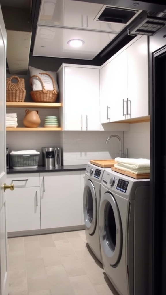 Stylish small basement laundry area with white cabinets, wood shelves, and organized storage.