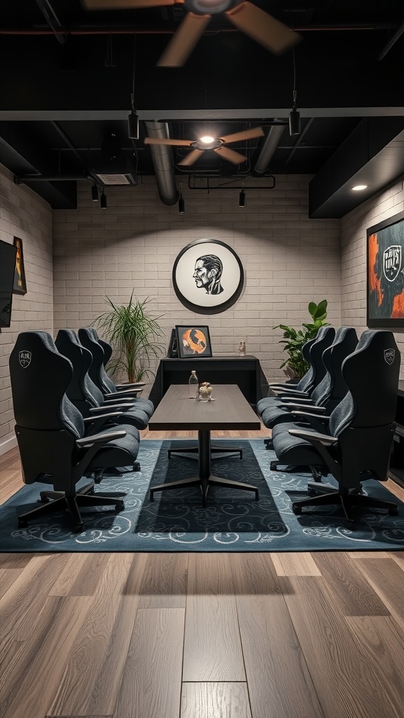 Stylish basement lounge with game chairs arranged around a central table