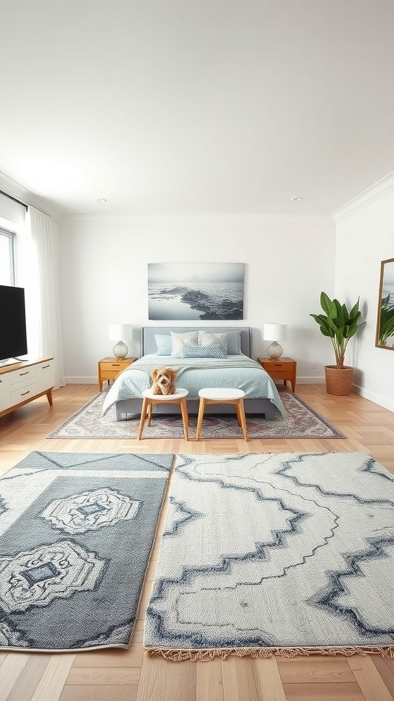 A spacious bedroom featuring stylish rugs, a bed, and a dog on a stool.