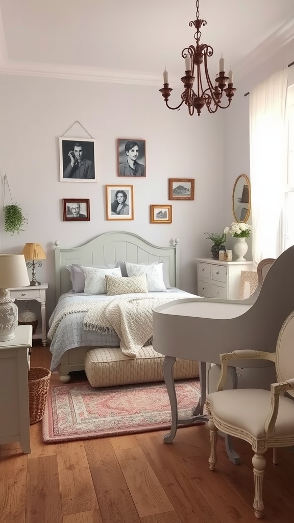 A cozy shabby chic bedroom featuring soft colors, a vintage chandelier, and elegant furniture.