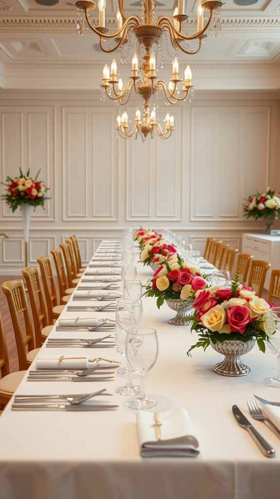 Formal dining room table setting with flowers and elegant decor
