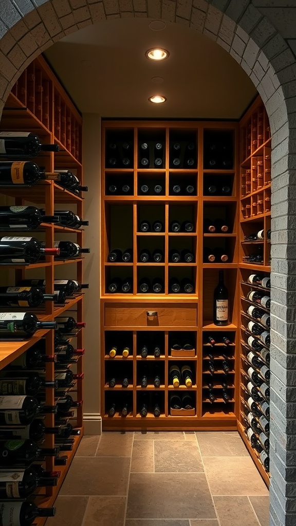 A stylish small basement wine cellar with wooden shelves displaying various wine bottles.