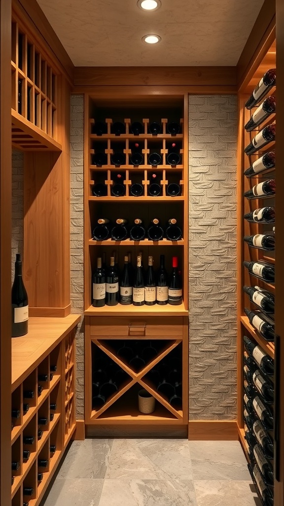 Interior view of a stylish wine cellar showcasing wooden shelves and neatly arranged wine bottles.