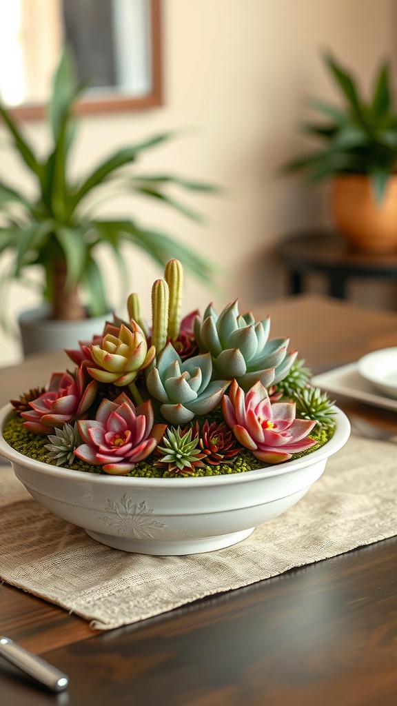A succulent garden centerpiece in a white bowl on a dining table.