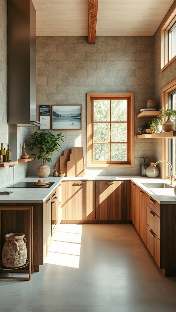 A modern kitchen with wooden cabinets, natural stone countertops, and plenty of natural light.