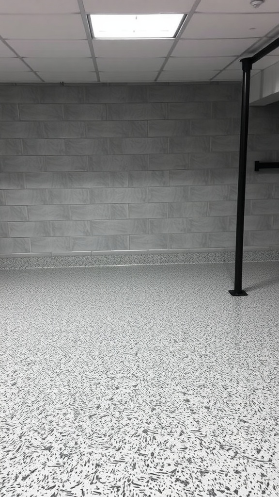 Textured epoxy flooring in a basement with light gray walls