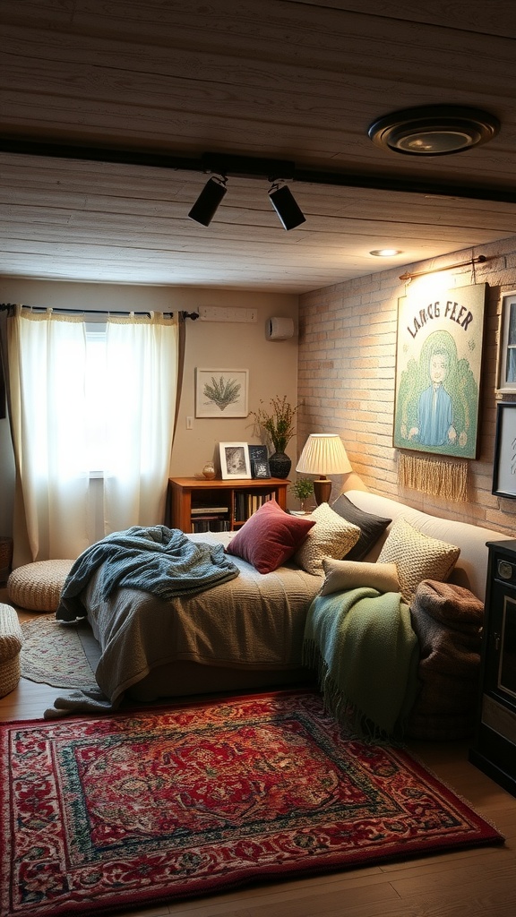 A cozy basement bedroom with textured fabrics and a colorful rug.