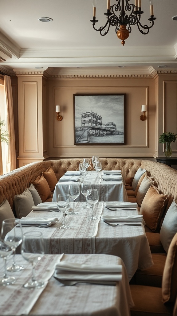A cozy small dining room with tufted banquette seating, textured pillows, and a patterned tablecloth.
