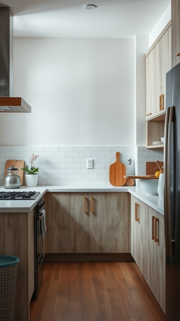 Cozy kitchen with textured finishes, featuring wooden cabinetry and a smooth countertop.