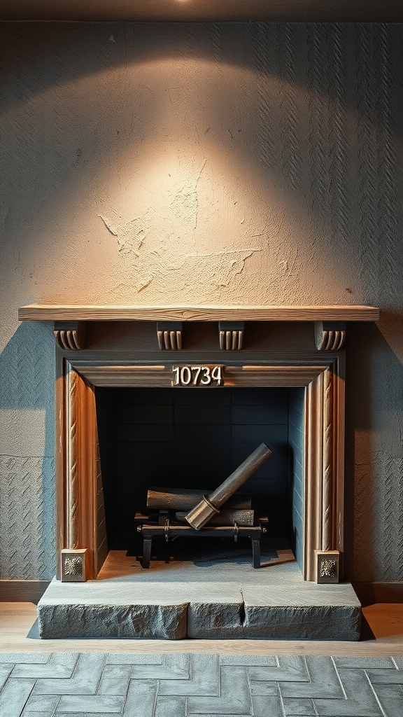 A textured wall surrounding a fireplace with a wooden mantel and logs inside.