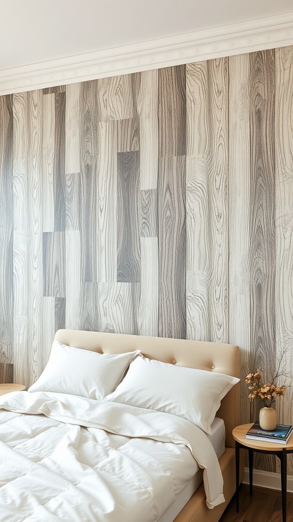 A beautifully designed bedroom with a textured wood wall, soft bedding, and a bedside table.