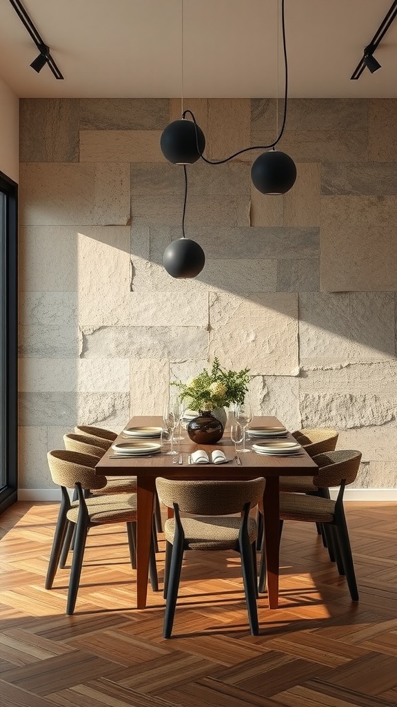 Dining room featuring a textured stone wall, wooden table, and modern lighting.
