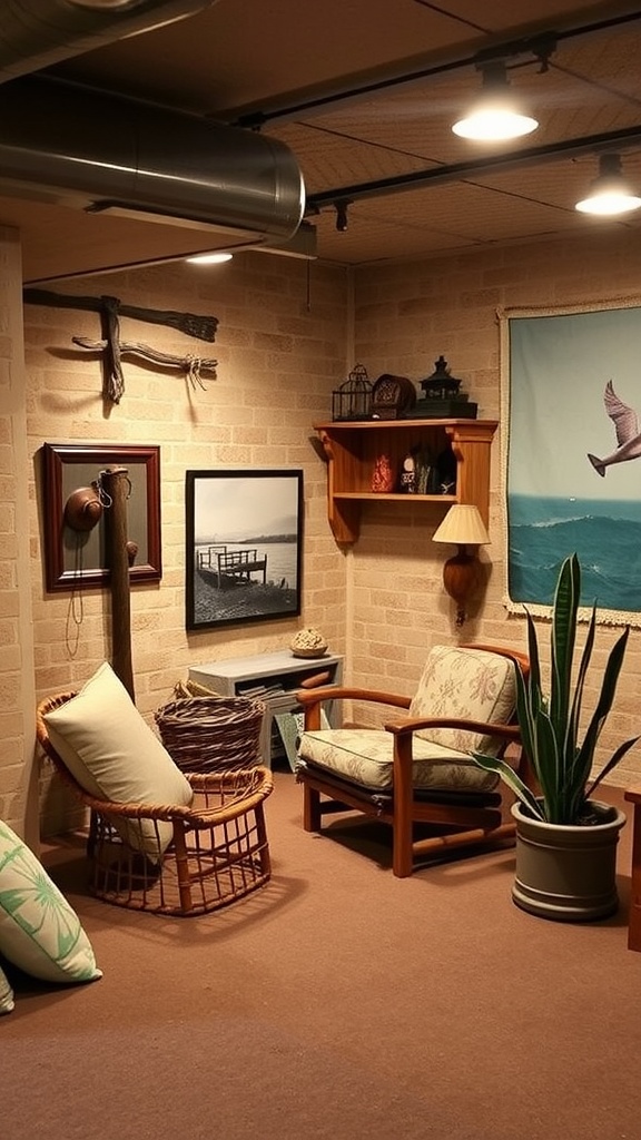 Cozy themed basement man cave with beach-inspired decor, comfortable seating, and warm lighting.