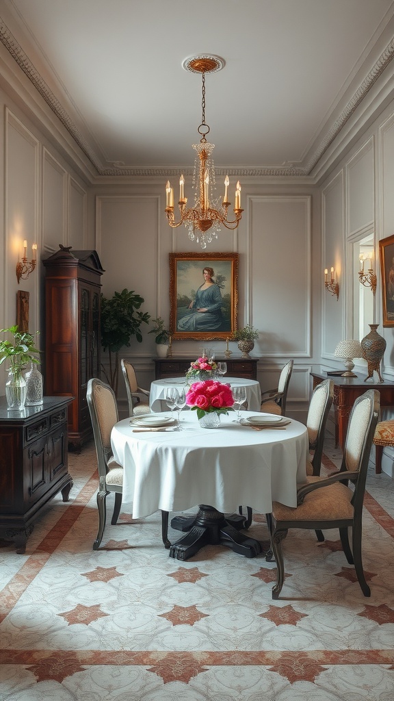 A classic dining room featuring a round table, elegant chandelier, and rich wooden furniture.