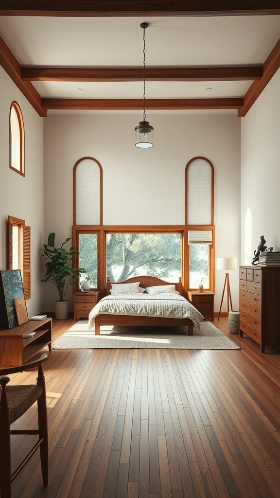 A cozy bedroom with wooden furniture, large windows, and a plant.