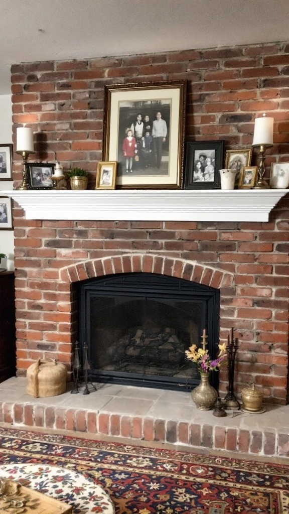 A traditional brick fireplace with a wooden mantel, adorned with framed photographs and a clock above it.