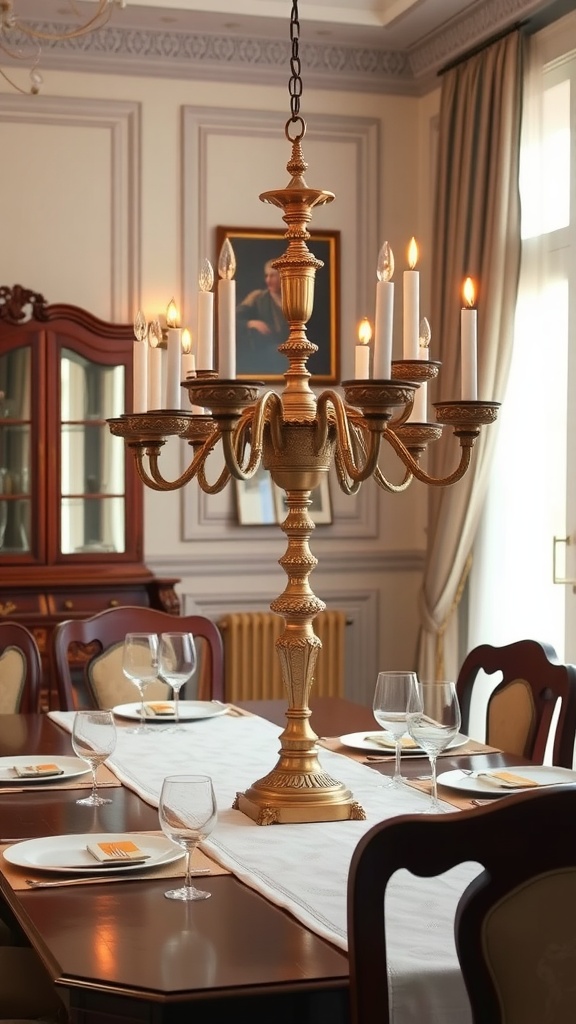 A traditional candelabra centerpiece on a dining table with elegant decor