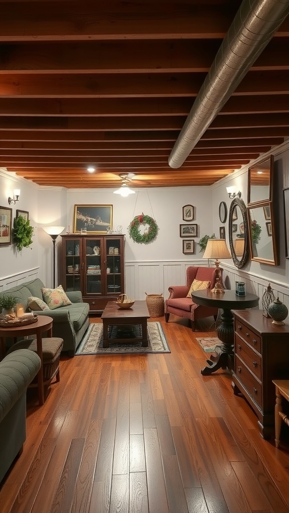 A cozy basement living area with traditional hardwood flooring, featuring a green sofa, red armchair, and wooden furniture.