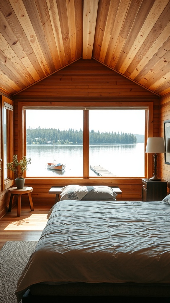 Modern bedroom in a lake house with wooden walls and large windows overlooking the water.