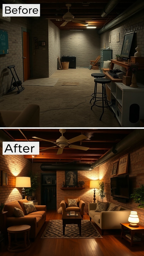 Before and after images of a basement transformation, showcasing a gloomy space turned cozy retreat.