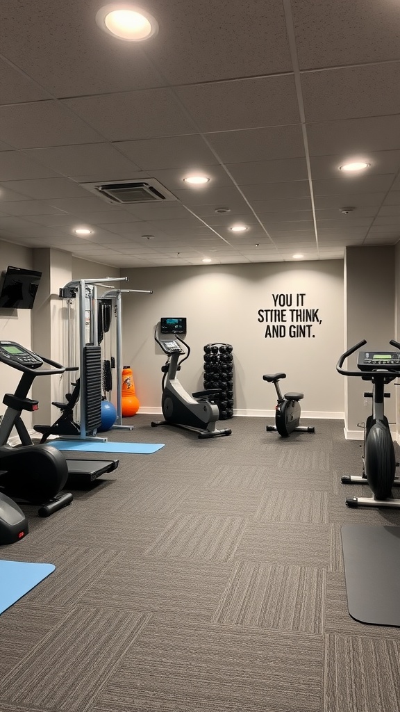 A modern basement fitness space with workout equipment and motivational wall art.