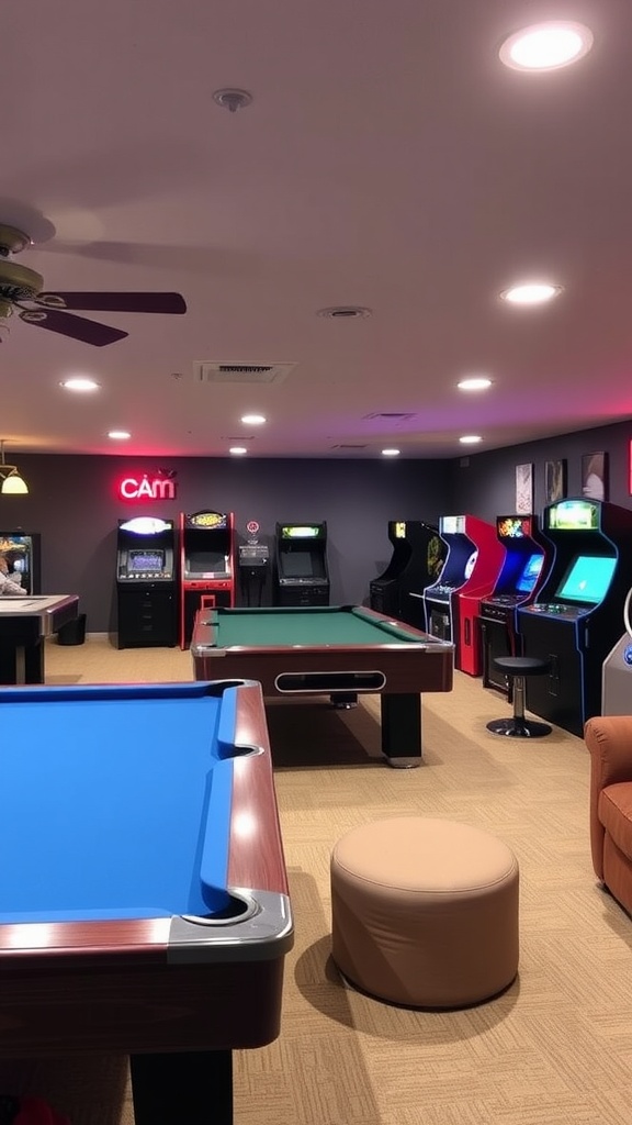 A cozy basement game room featuring a billiard table, arcade machines, and warm lighting.