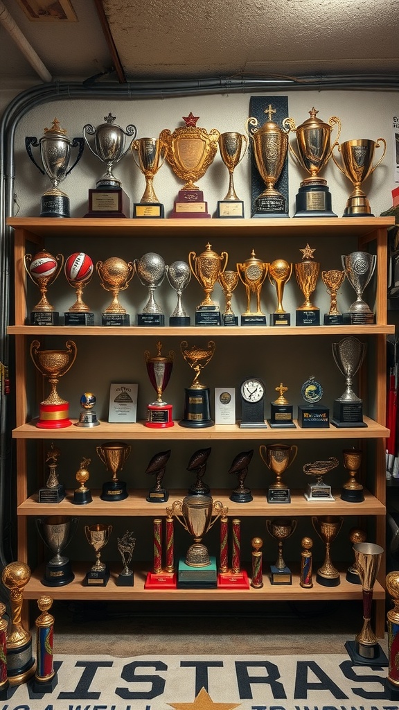 Trophy display case filled with various trophies and awards.