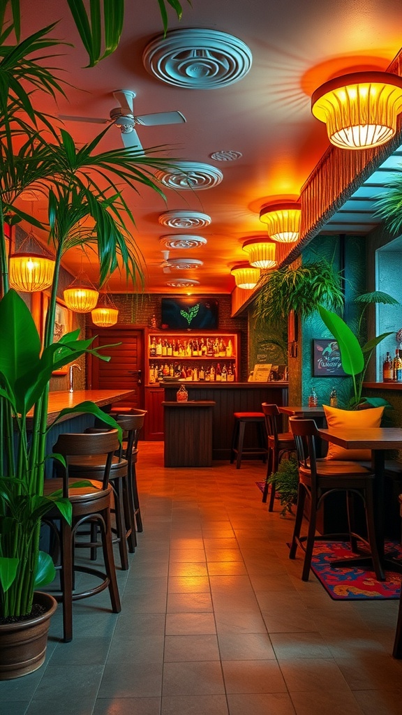 A tropical-themed basement bar with bamboo accents and vibrant lighting