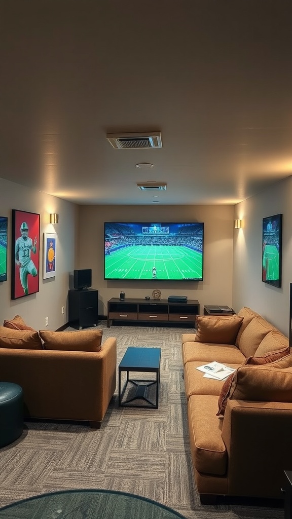 Cozy basement sports viewing area with a large TV and comfortable seating.