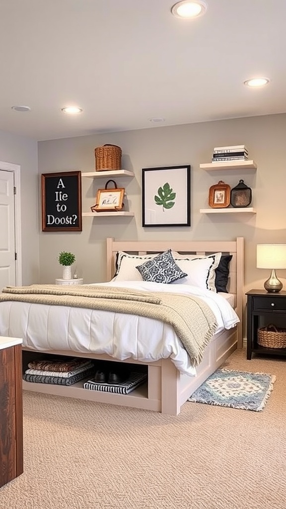 A cozy basement bedroom featuring a bed with under-bed storage, decorated with simple accessories and wall art.
