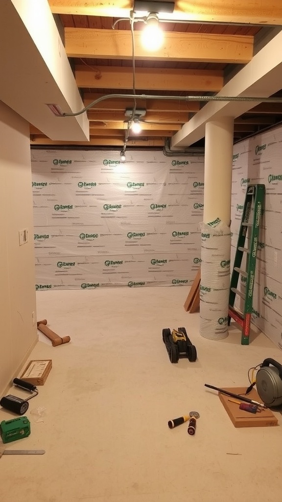 A basement undergoing renovation with insulation on the walls and various tools on the floor.