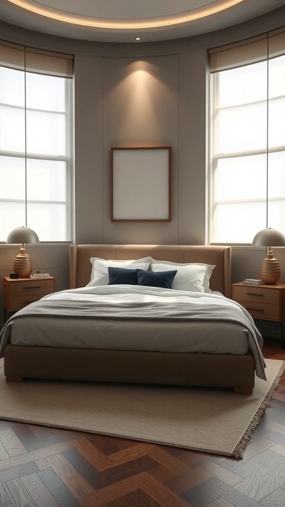 A modern bedroom featuring a large bed, wooden floor, minimal decor, and ample natural light.