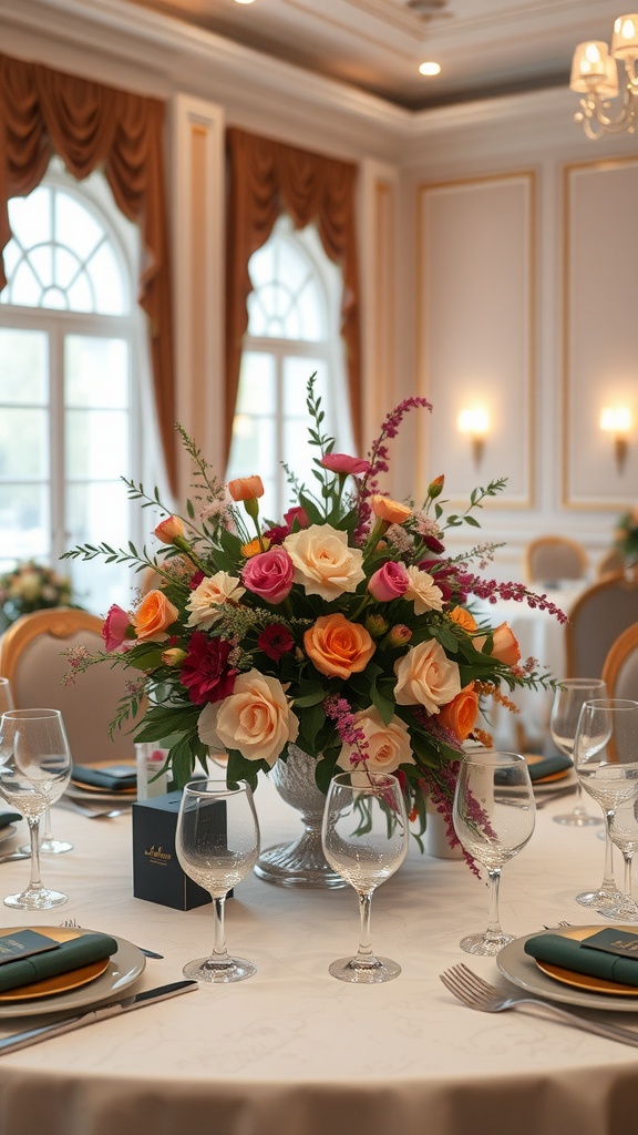 A beautifully arranged floral centerpiece with roses in various colors, set on an elegantly laid dining table.