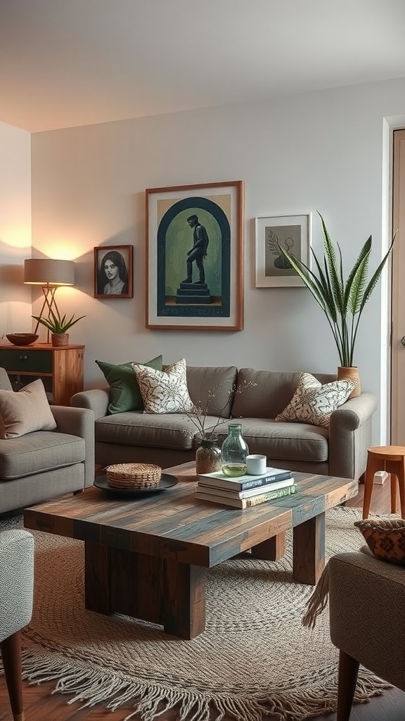 A cozy modern boho living room featuring a unique wooden coffee table surrounded by comfortable seating and decorative elements.