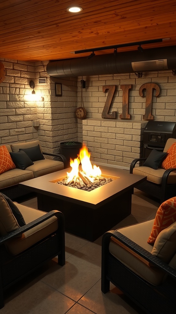 A cozy basement fire pit area with a sleek square fire pit, comfortable seating, and warm wood accents.