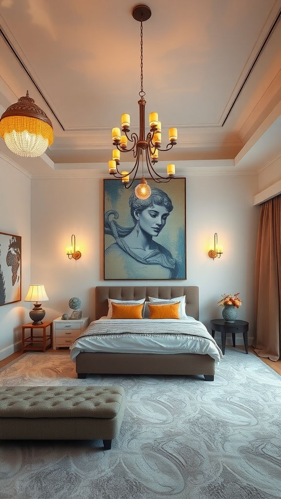 A beautifully decorated bedroom with unique lighting fixtures, featuring a chandelier and wall sconces, creating a warm and inviting atmosphere.