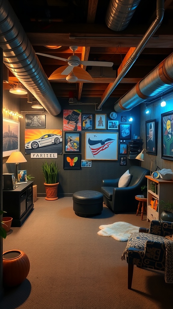 A modern basement featuring eclectic artwork, cozy seating, and warm lighting.